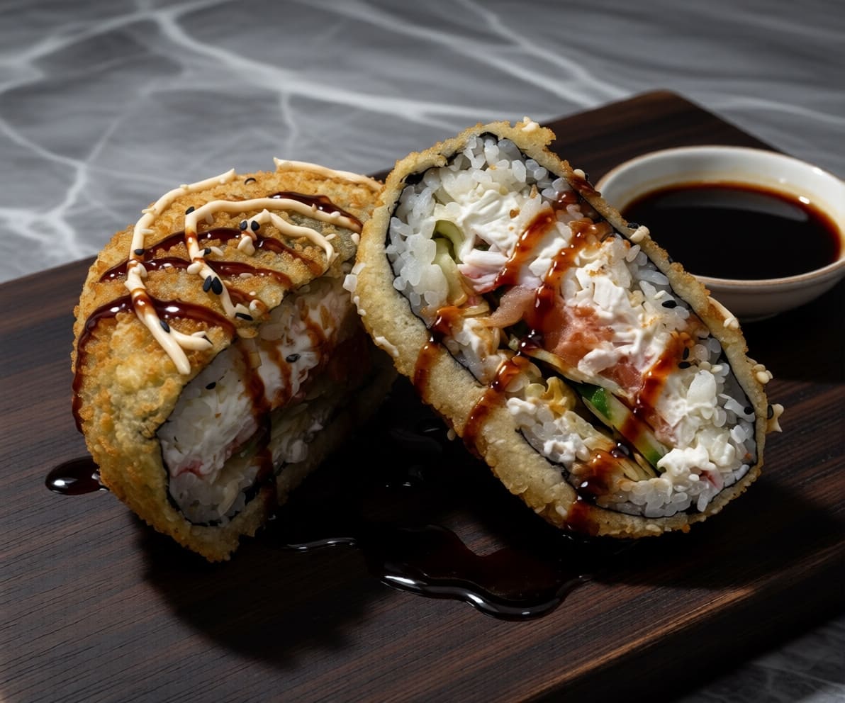 Фото Суши бургер с лососем и крабом